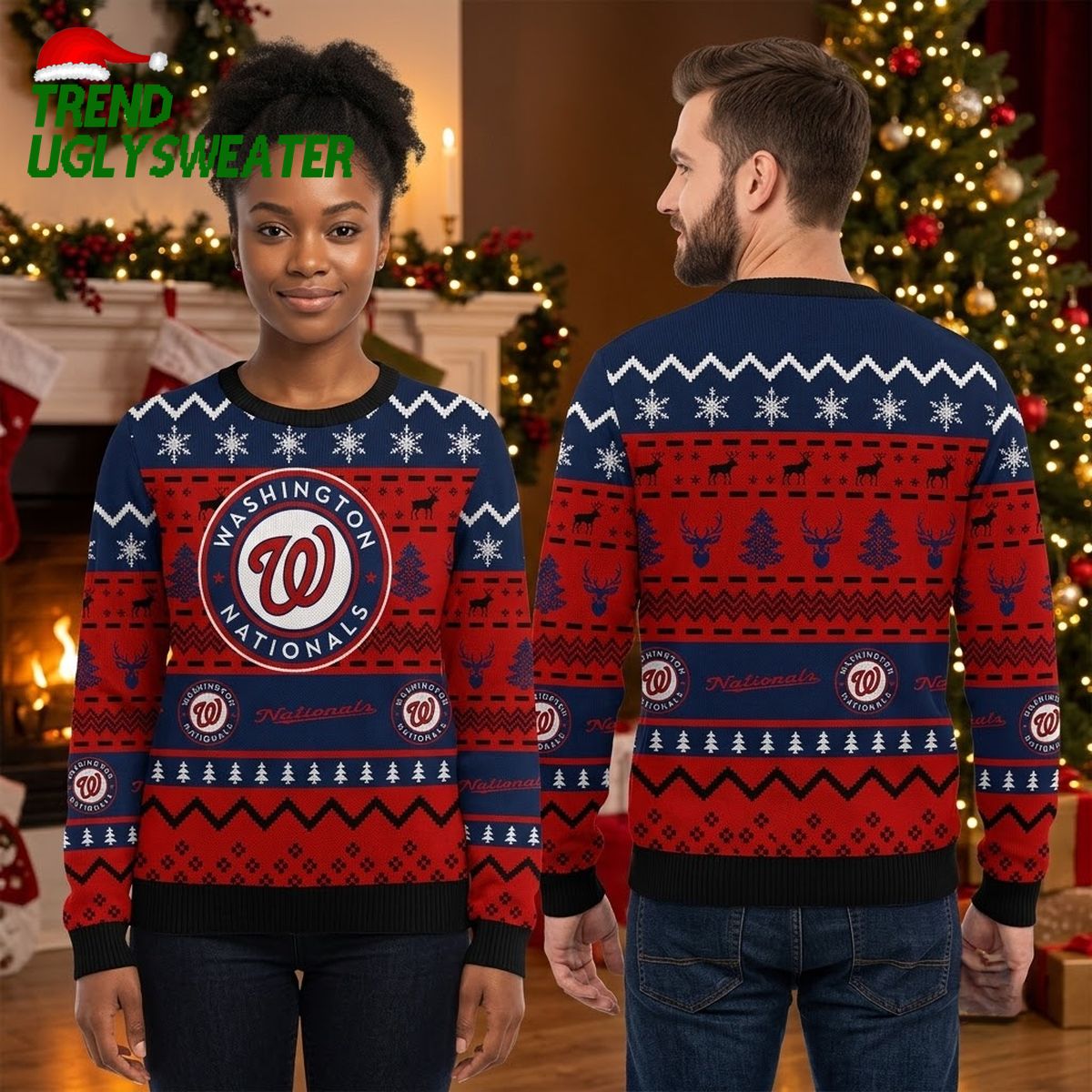 washington nationals logo snowflake and reindeer pattern ugly christmas sweater washington nationals logo snowflake and reindeer pattern ugly christmas sweater