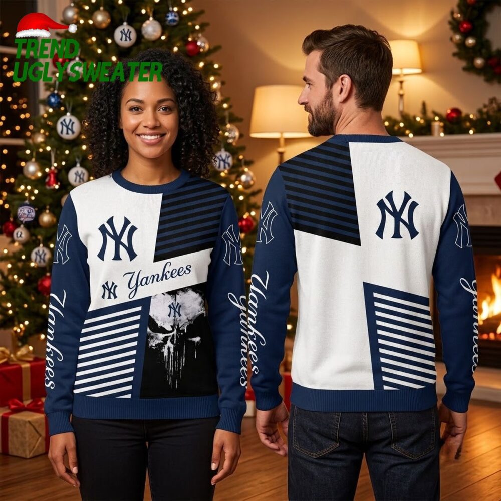 yankees skull striped patchwork navy blue and white ugly christmas sweater